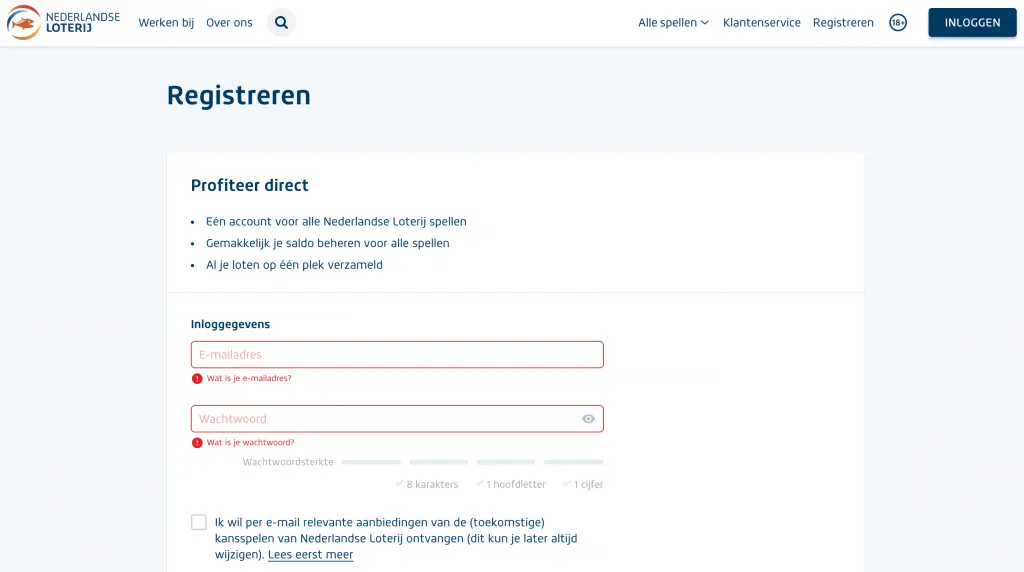 Account aanmaken Nederlandse Loterij