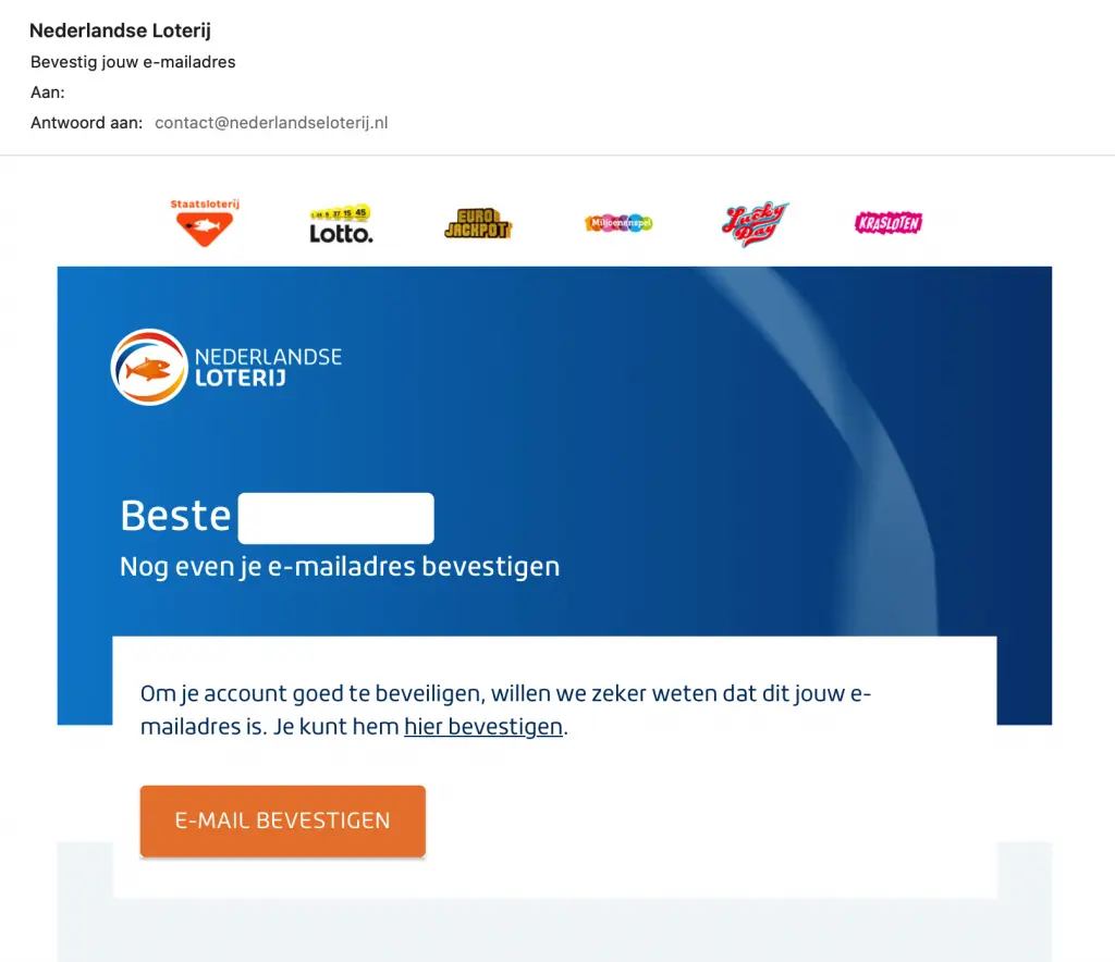 Nederlandse Loterij account voltooien via de e-mail